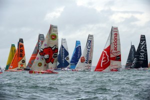 Skippers begin the race on their monohulls at the start of the 7th edition of the Vendee Globe. Credit: Damien Mayer/AFP/Getty Images