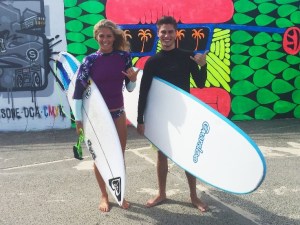 Surfer Stephanie Gilmore with 'In 24 Hours' host James Williams 