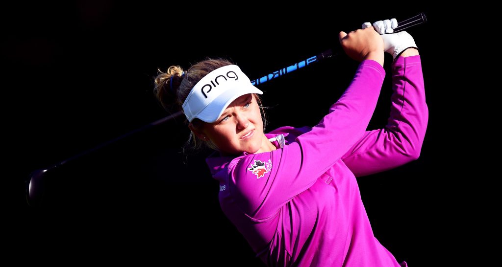 EVIAN-LES-BAINS, FRANCE - SEPTEMBER 08: Brooke M Henderson of Canada plays a shot during practice prior to the start of the Evian Championship Golf on September 8, 2015 in Evian-les-Bains, France. (Photo by Stuart Franklin/Getty Images)